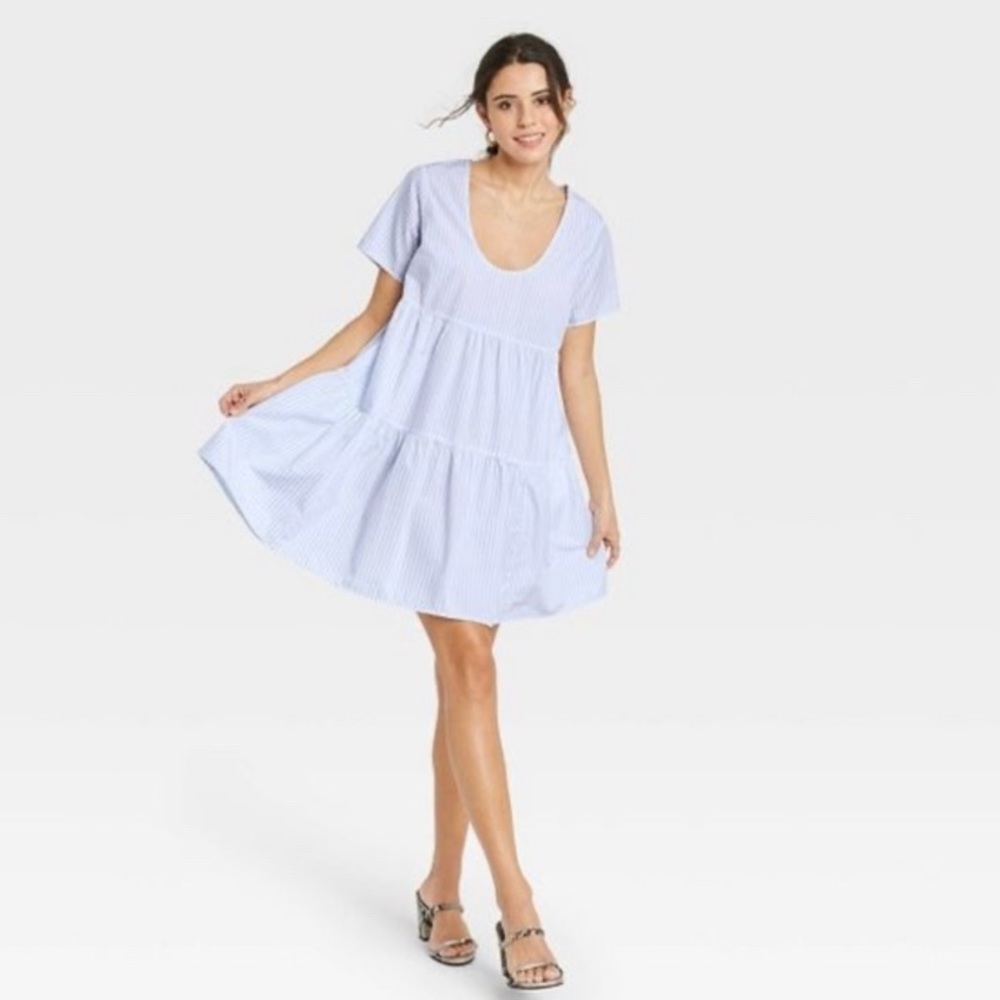 Women’s Flutter Short Sleeve Tiered Dress A New Day-Blue and White